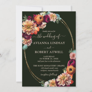 Autumn Burgundy Red Orange Blush Floral Wedding  Invitation
