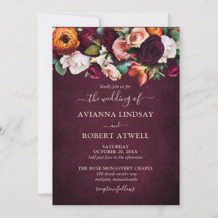 Autumn Burgundy Red Orange Blush Floral Wedding Invitation