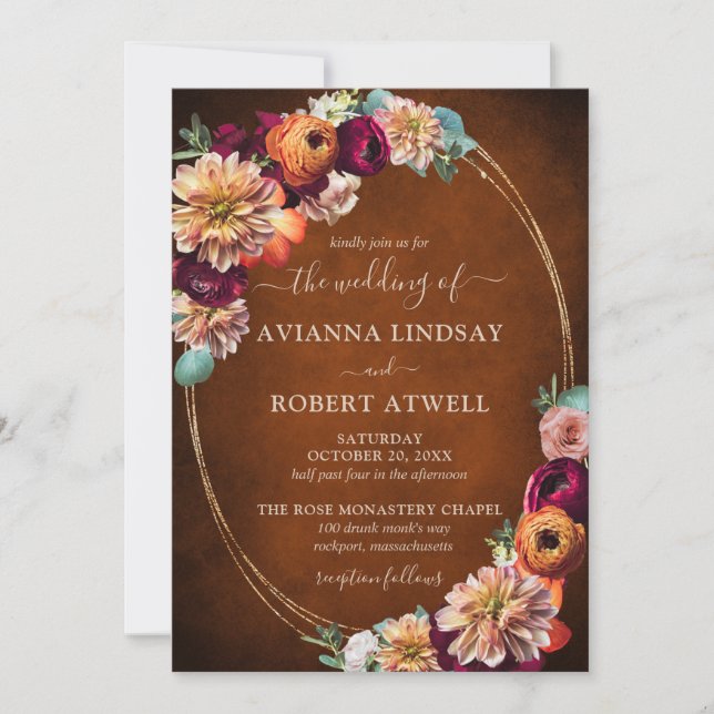 Autumn Burgundy Red Orange Blush Floral Wedding Invitation (Front)