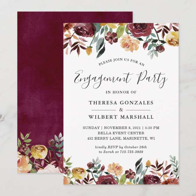 Autumn Burgundy Red Orange Floral Engagement Party Invitation (Front/Back)