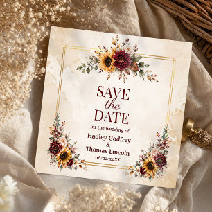 Autumn Burgundy Sunflower Wedding Sign Save The Date