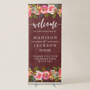 Autumn Burgundy Watercolor Floral Wedding Welcome Retractable Banner