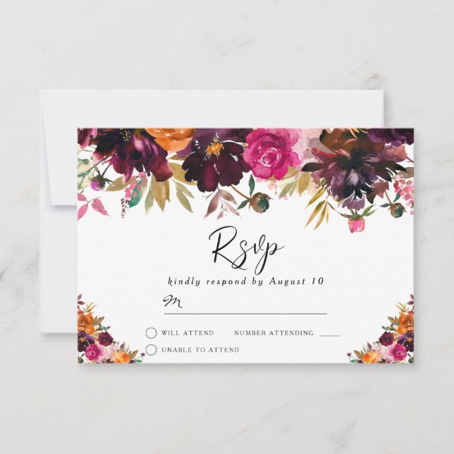 Autumn Burgundy Watercolor Flowers Fall Wedding RSVP Card (Front)