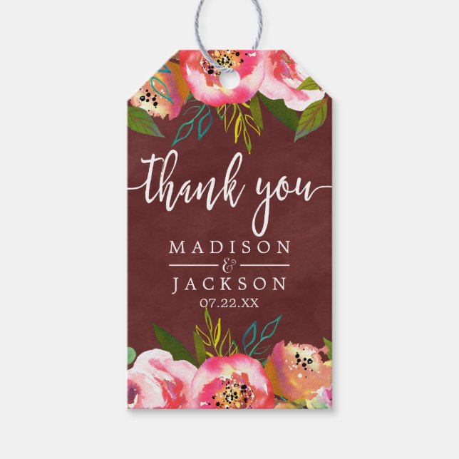 Autumn Burgundy Watercolor Wedding Thank You Gift Tags (Front)