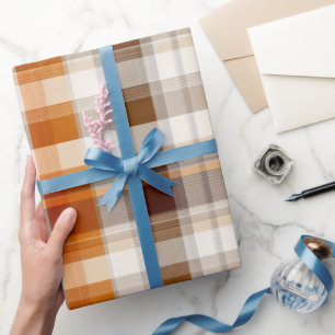 Autumn Burnt Orange Brown Cream Plaid Pattern Wrapping Paper