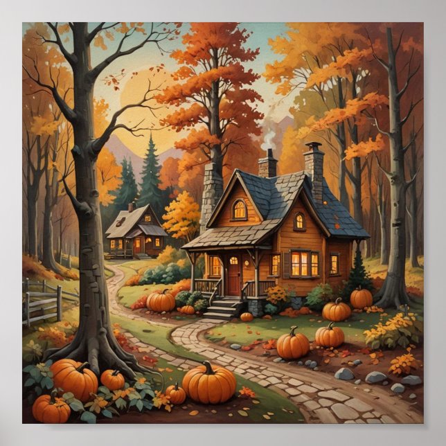 Autumn Cabin Surrounded by Pumpkins Poster (Front)