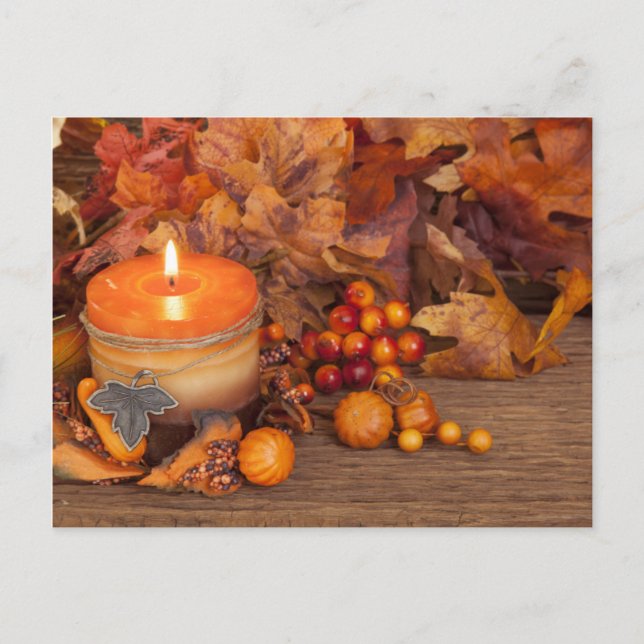 Autumn Candle Over Wooden Background Postcard (Front)