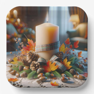 Autumn Candle With Acorns and Ribbon Paper Plate