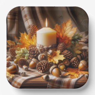 Autumn Candle With Acorns and Ribbon Paper Plate