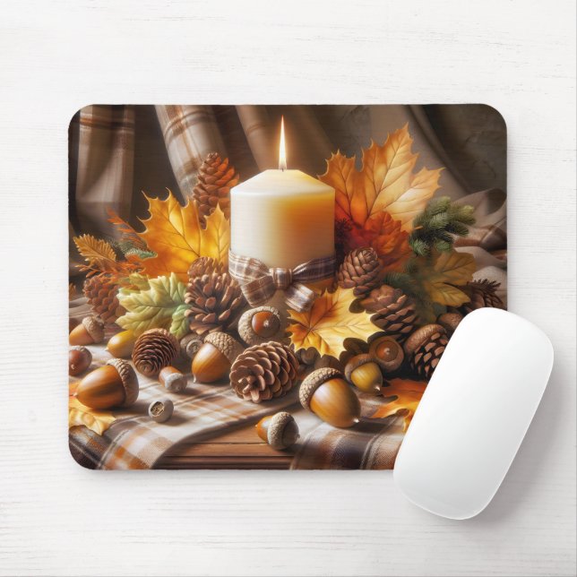 Autumn Candle With Plaid Bow Mouse Mat (With Mouse)