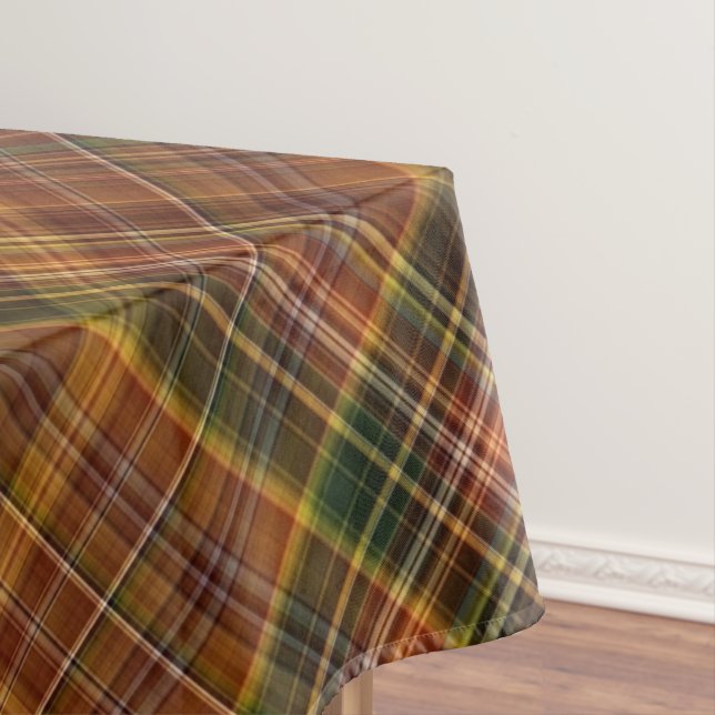 Autumn Canopy Brown, Rust Red, and Green Plaid Tablecloth (In Situ)