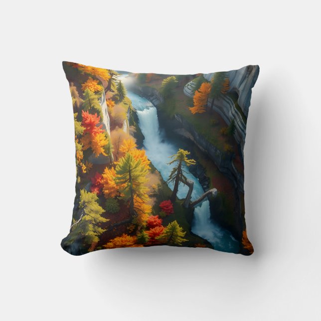 Autumn Canyon Waterfall – Vibrant Fall Forest Land Cushion (Front)