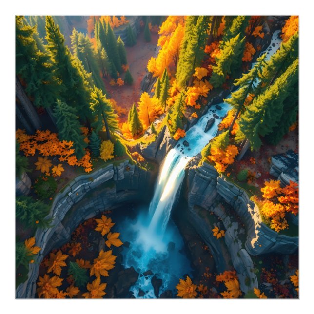 Autumn Canyon Waterfall – Vibrant Fall Forest Land Photo Print (Front)