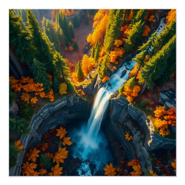 Autumn Canyon Waterfall – Vibrant Fall Forest Land Poster (Front)