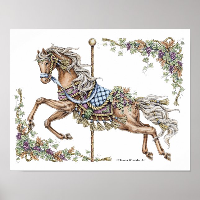 Autumn Carousel Horse Pen and Ink Drawing Poster (Front)