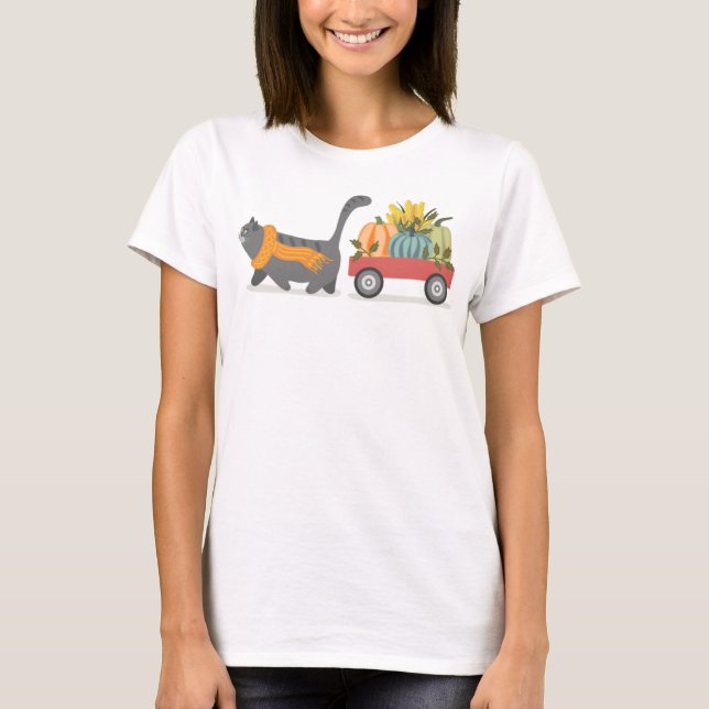 Autumn Cat & Pumpkins T-Shirt (Front)