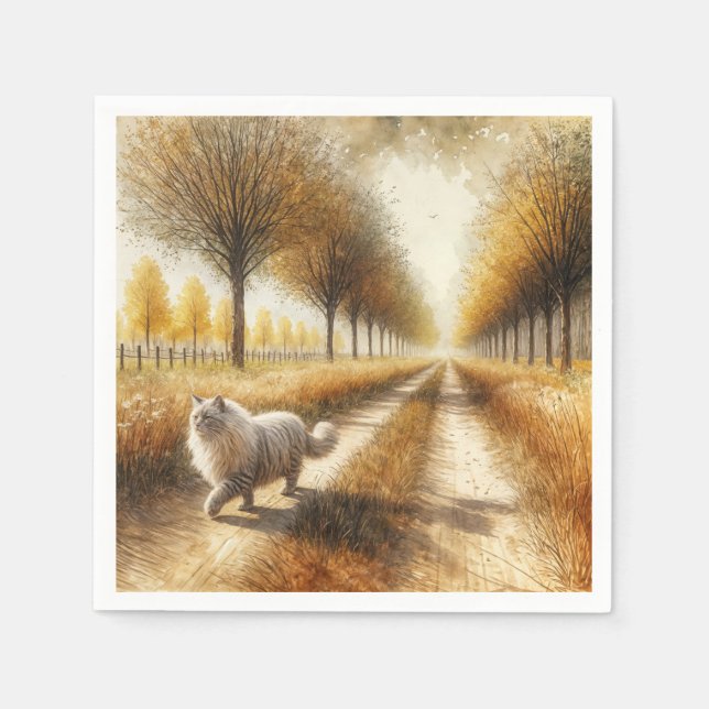 Autumn Cat Walking Down a Dirt Road Napkin (Front)