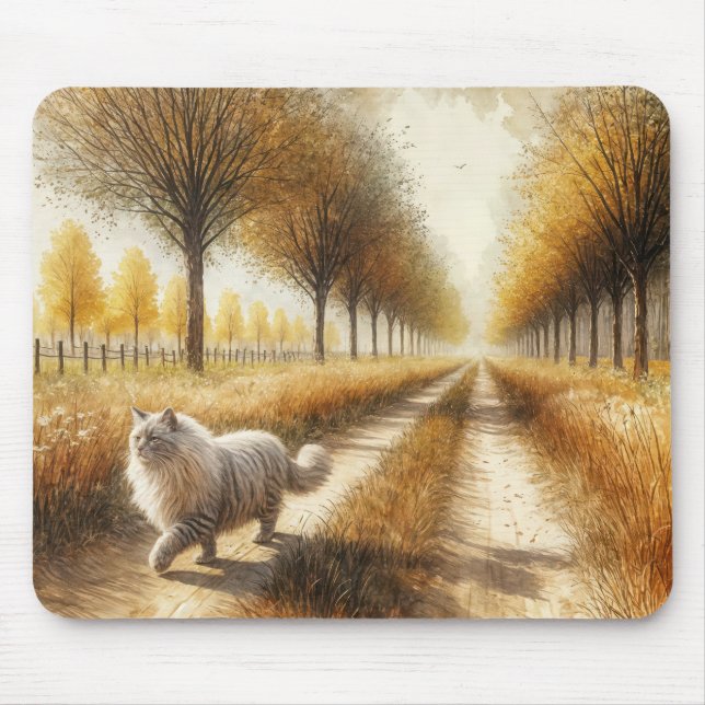 Autumn Cat Walking Down Dirt Road Mouse Mat (Front)