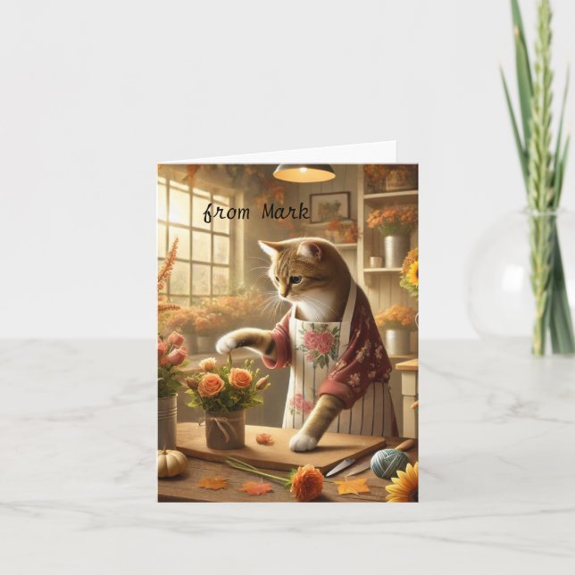 Autumn Cat with Flowers – Fall Season Greeting Card (Front)