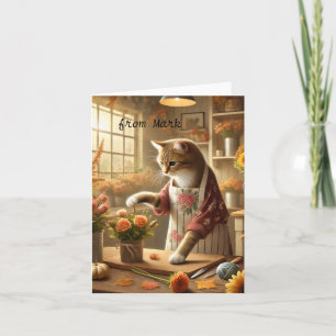 Autumn Cat with Flowers – Fall Season Greeting Card