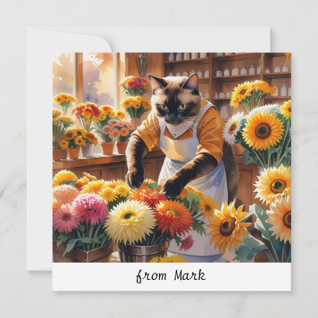 Autumn Cat with Flowers – Fall Season Greeting Holiday Card (Front)