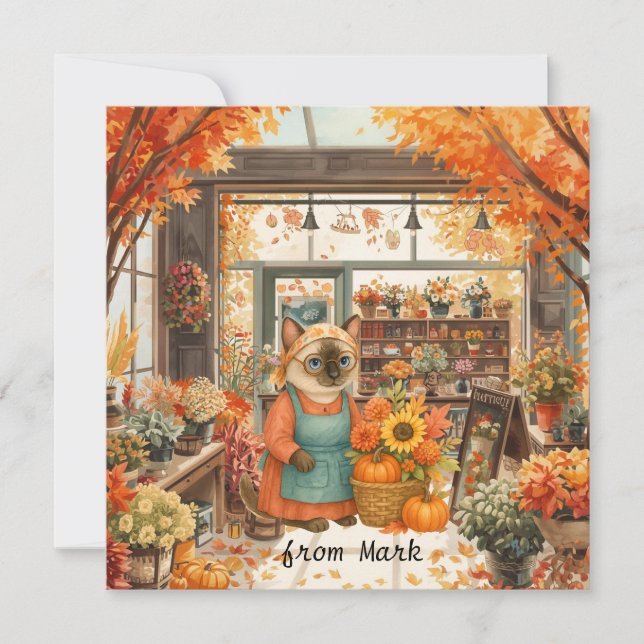 Autumn Cat with Flowers – Fall Season Greeting Holiday Card (Front)
