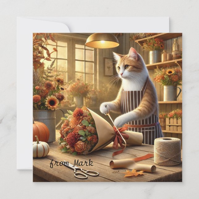 Autumn Cat with Flowers – Fall Season Greeting Holiday Card (Front)