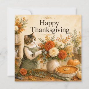 Autumn Cat with Flowers – Fall Season Greeting Holiday Card