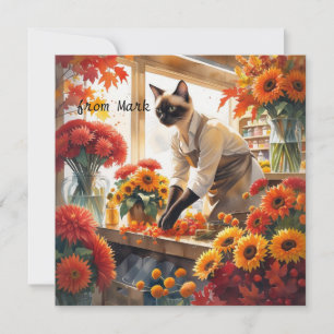 Autumn Cat with Flowers – Fall Season Greeting Holiday Card