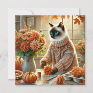 Autumn Cat with Flowers – Fall Season Greeting Holiday Card