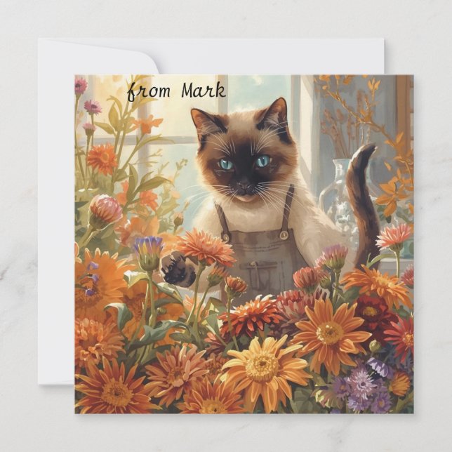 Autumn Cat with Flowers – Fall Season Greeting Holiday Card (Front)
