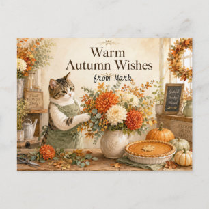 Autumn Cat with Flowers – Fall Season Greeting Holiday Postcard