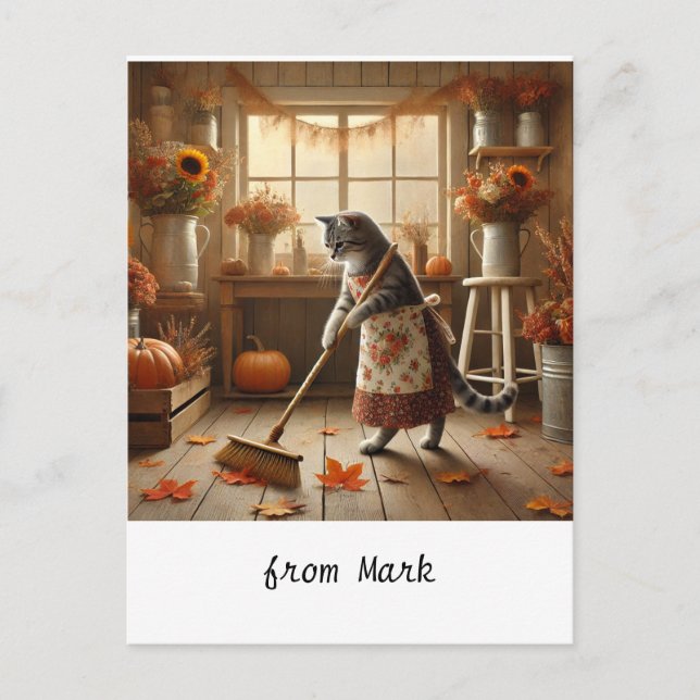 Autumn Cat with Flowers – Fall Season Greeting Holiday Postcard (Front)