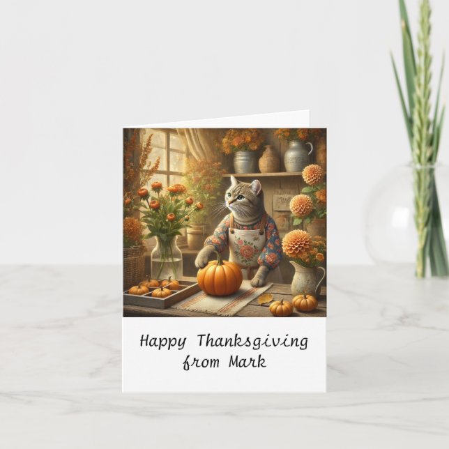 Autumn Cat with Flowers Fall Season Thanksgiving  Card (Front)