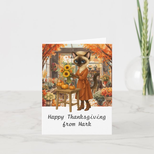 Autumn Cat with Flowers Fall Season Thanksgiving  Card (Front)
