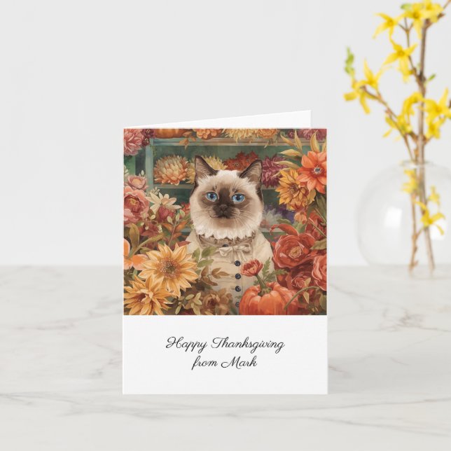 Autumn Cat with Flowers Fall Season Thanksgiving  Card (Yellow Flower)