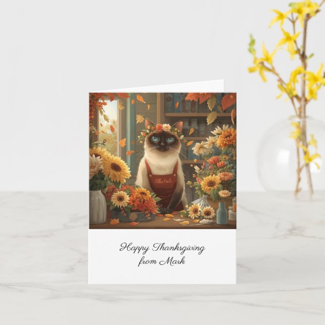 Autumn Cat with Flowers Fall Season Thanksgiving  Card (Yellow Flower)