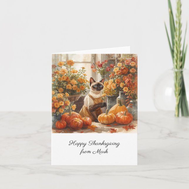 Autumn Cat with Flowers Fall Season Thanksgiving  Card (Front)