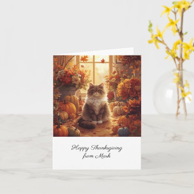 Autumn Cat with Flowers Fall Season Thanksgiving  Card (Yellow Flower)