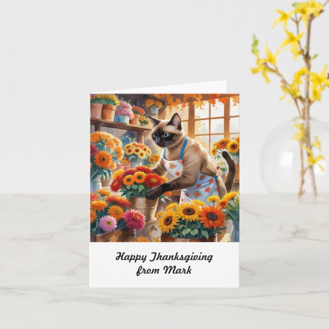 Autumn Cat with Flowers Fall Season Thanksgiving  Card (Yellow Flower)