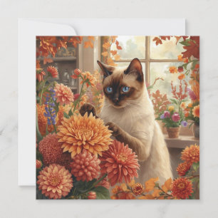 Autumn Cat with Flowers – Fall Thanksgiving Holiday Card