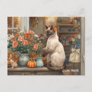 Autumn Cat with Flowers – Fall Thanksgiving Holiday Postcard