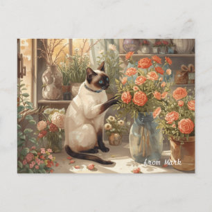 Autumn Cat with Flowers – Fall Thanksgiving Holiday Postcard