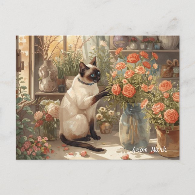 Autumn Cat with Flowers – Fall Thanksgiving Holiday Postcard (Front)