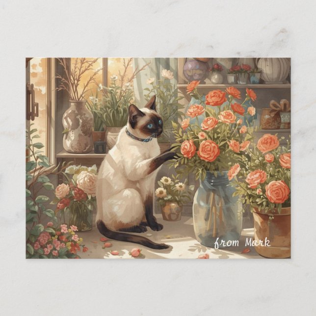 Autumn Cat with Flowers – Fall Thanksgiving Holiday Postcard (Front)