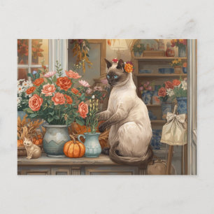 Autumn Cat with Flowers – Fall Thanksgiving Holiday Postcard
