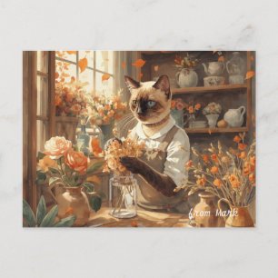 Autumn Cat with Flowers – Fall Thanksgiving Holiday Postcard