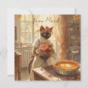 Autumn Cat with Pumpkin Pie Fall Season Greeting Holiday Card