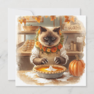 Autumn Cat with Pumpkin Pie Fall Season Greeting Holiday Card