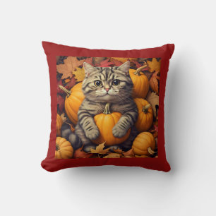 Autumn Cat with Pumpkins & Leaves Throw Pillow